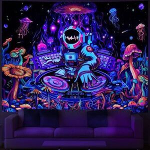 Blacklight Astronaut Tapestry, UV Reactive DJ Music Trippy Galaxy for Wall Decor